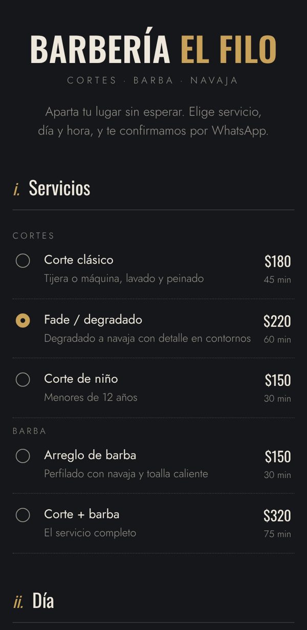 Diseño de ejemplo para una barbería: cortes, fade y barba con precios