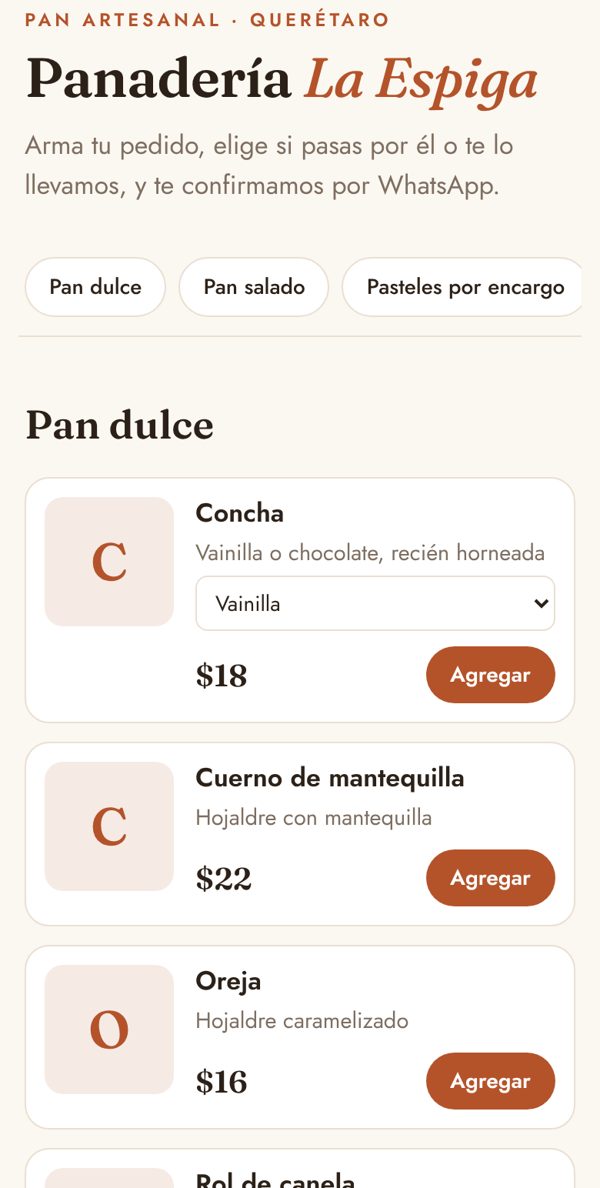 Catálogo de ejemplo de una panadería con productos, precios y botón para agregar