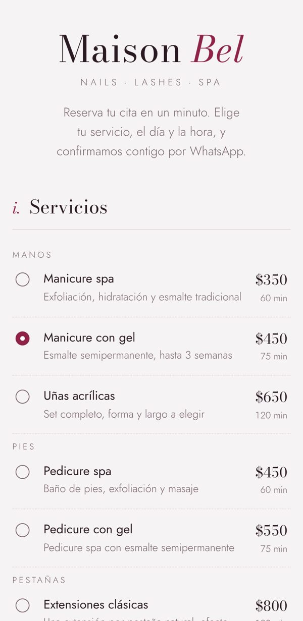 Página de reservas de Maison Bel: servicios de manos, pies y pestañas con precios